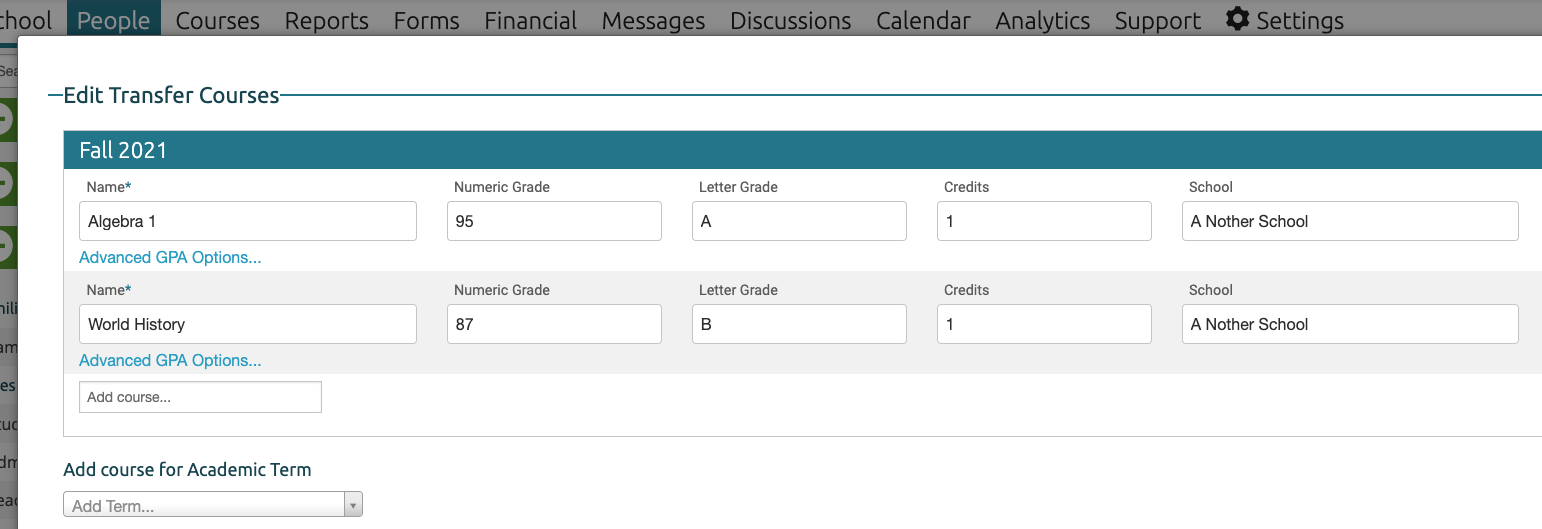 Transfer Course System Interface Adding Transferred Courses